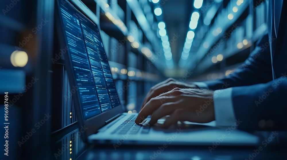 Poster Businessmen use laptops to access information in online documents through the protection systemDocument Management System DMS online documentation database and digital file storage sys : Generative AI