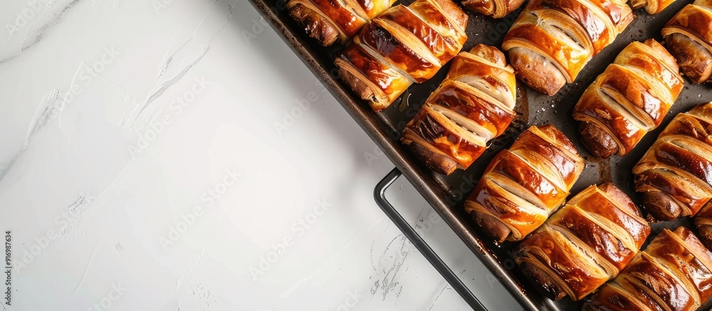 Poster Sausage rolls arranged on a baking tray on a white table background in a top view photo with space for text or design known as a copy space image