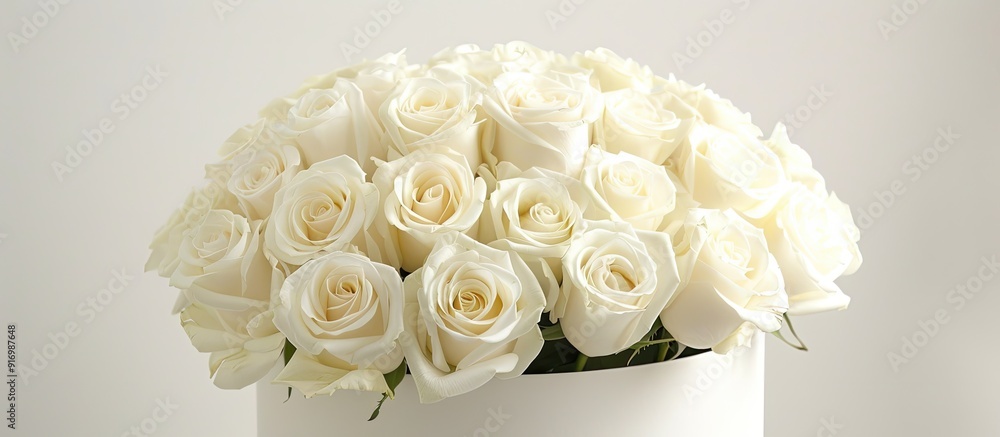 Poster a high end arrangement of white roses in a floral hat box with a spacious area to add text or images