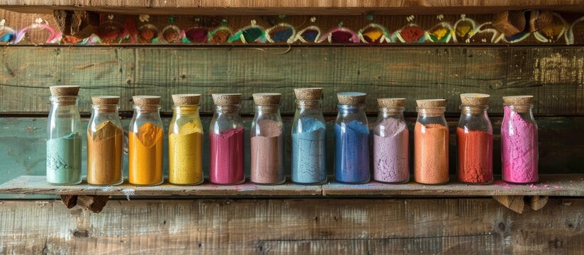Vividly colored powder displayed in glass jars atop a rustic wooden shelf showcasing an assortment of hues with copious copy space image
