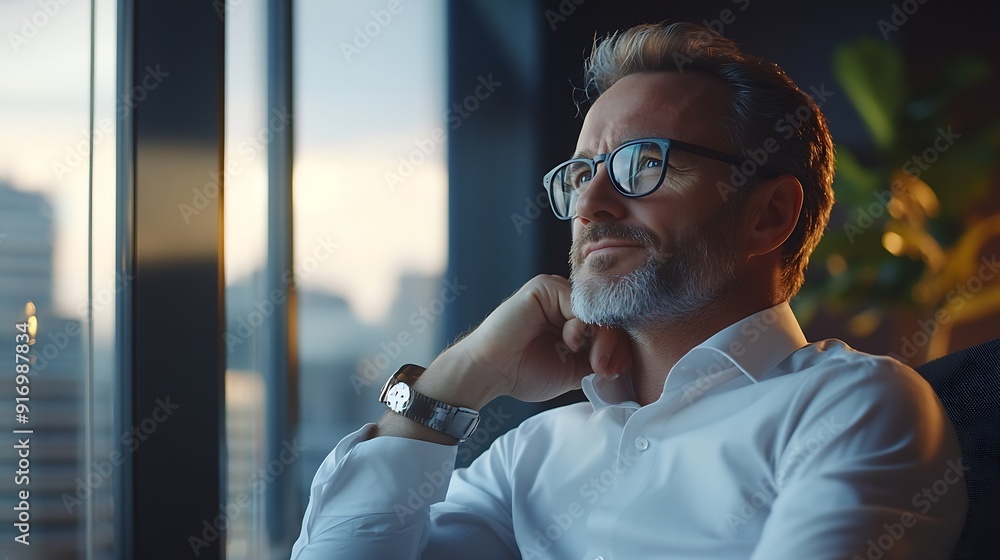 Poster Thinking morning and businessman by window in office for ideas solution and insight for company growth Corporate entrepreneur and person for problem solving brainstorming decision and  : Generative AI