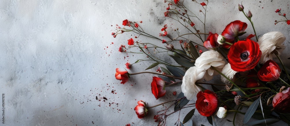 Poster flower arrangement on a table with copy space image for text placement needs