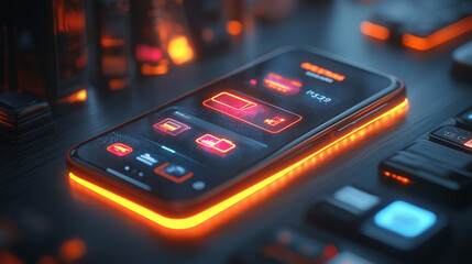 Obraz premium Neon Dreams: A futuristic smartphone with vibrant orange lighting glows in a dark, high-tech environment. Perfect for showcasing mobile technology, gaming, or cyberpunk themes. 