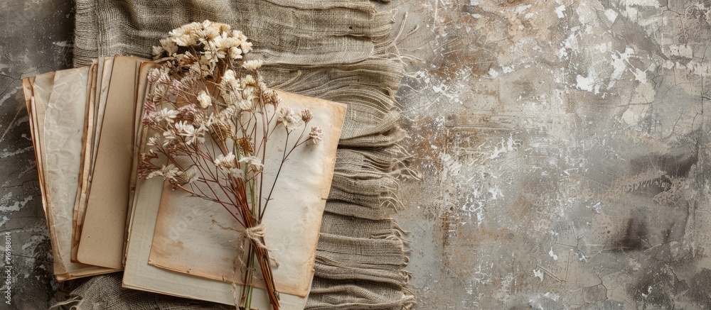 Poster Vintage wedding invitations featuring dried flowers on a rustic textile background displayed from an overhead flat lay perspective ready for creative designs with space to insert images