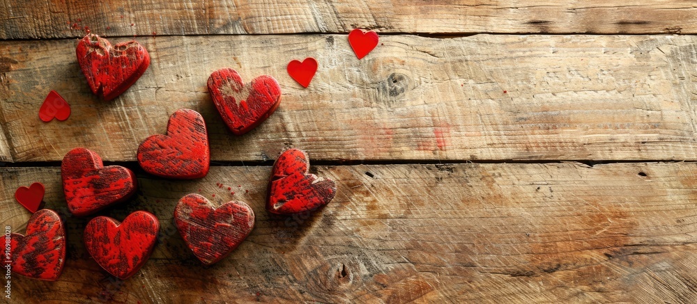 Poster valentine s day concept with red heart shapes on a wooden background in a copy space image