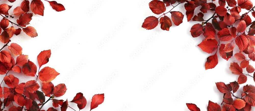 Leinwandbilder foliage of red rowan leaves against a white backdrop creating an autumn themed frame with a blank ar