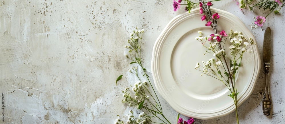 Aufkleber Rustic summer floral table setting displayed on a white concrete background with space for adding images. Creative banner. Copyspace image