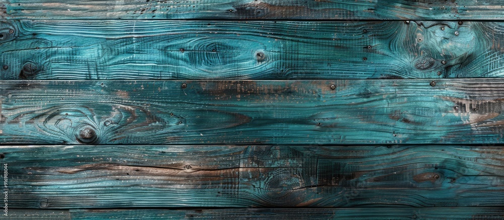 Aufkleber old wooden board with knots and scratches in blue and green tones for distressed panel background wi