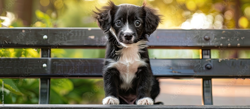 Poster a loyal black and white mongrel puppy with beautiful eyes sitting on a park bench creating an adorab