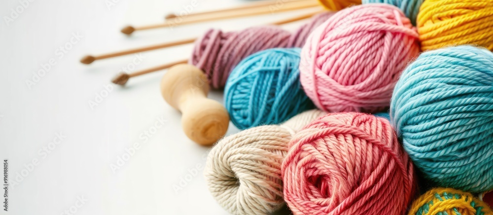 Poster Various types of wool yarn wooden knitting tools and yarn balls on a white background for needlework and DIY projects with a copy space image