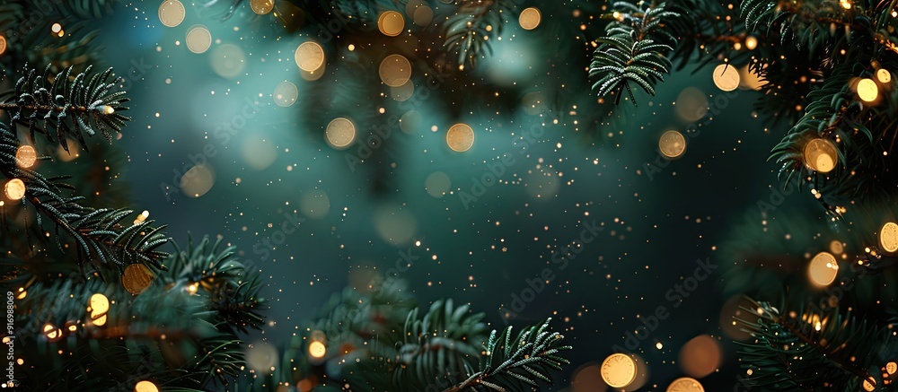 Poster festive holiday background featuring a border of fir branches twinkling lights and ample copy space 