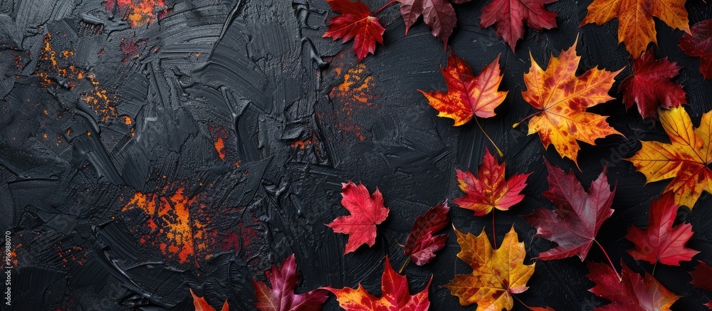 Poster vivid autumn leaves in red yellow and orange hues such as maple and poplar on a dark background perf