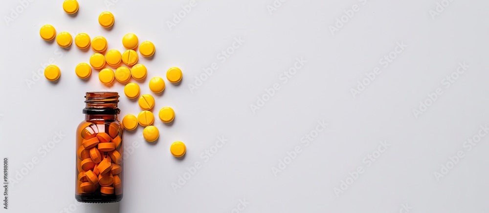 Poster yellow pills and a bottle on a white background convey a medical and healthcare concept with copy sp