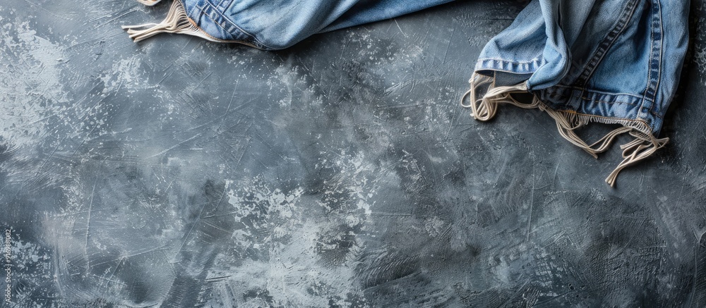 Sticker Top view of a grey background with a cotton T shirt and jeans showcasing a copy space image