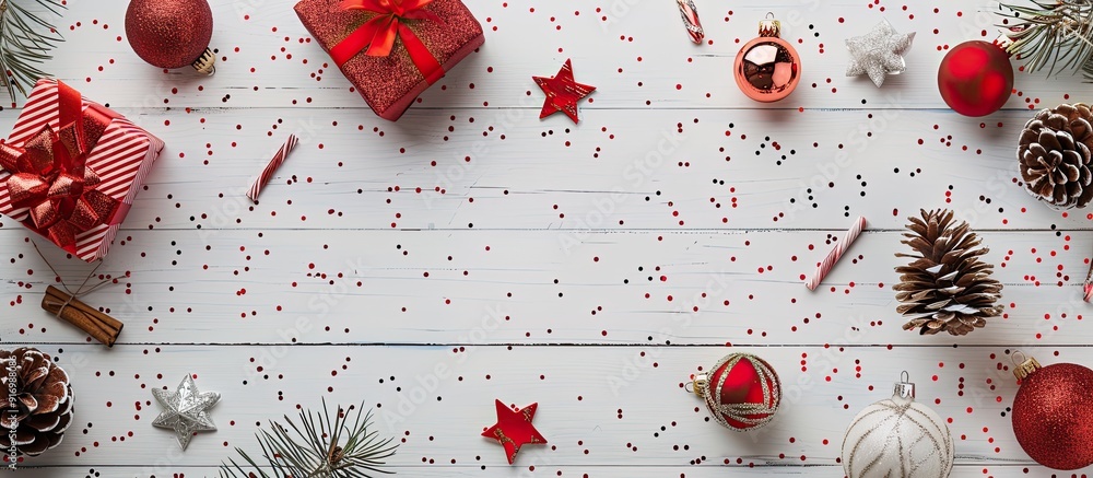 Poster holiday themed setting with confetti christmas ornaments and red presents placed on a white wooden s