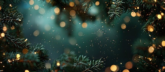 Festive holiday background featuring a border of fir branches twinkling lights and ample copy space image