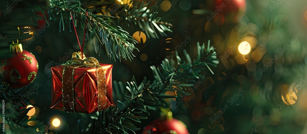 Poster a present box ornament hanging on a christmas tree with copy space image available