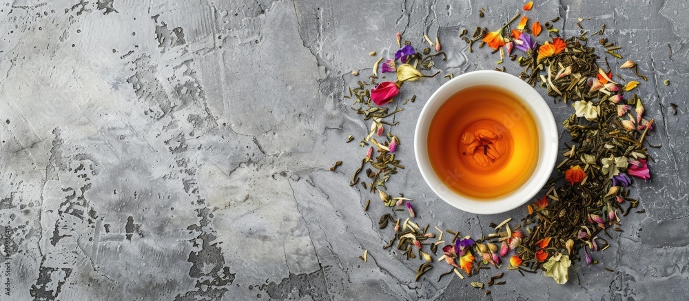 Poster top view of green sencha tea infused with floral and fruity notes set against a grey concrete backdr