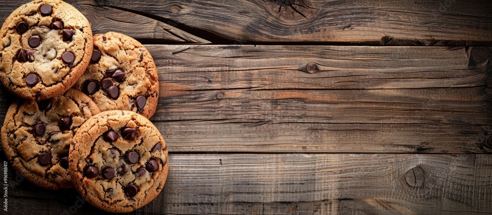 Fototapete Freshly baked cookies placed on a wooden table with space for text or image. Creative banner. Copyspace image
