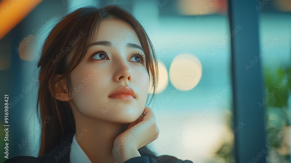 Poster pride thinking and woman with future window and decision with corporate professional and success per