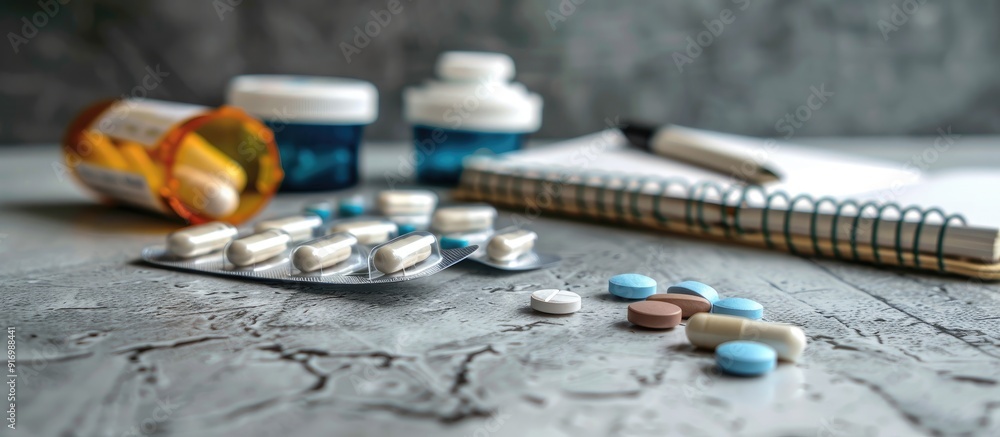 Poster health theme with medications on blister packs alongside a pen and notebook in the background in cop