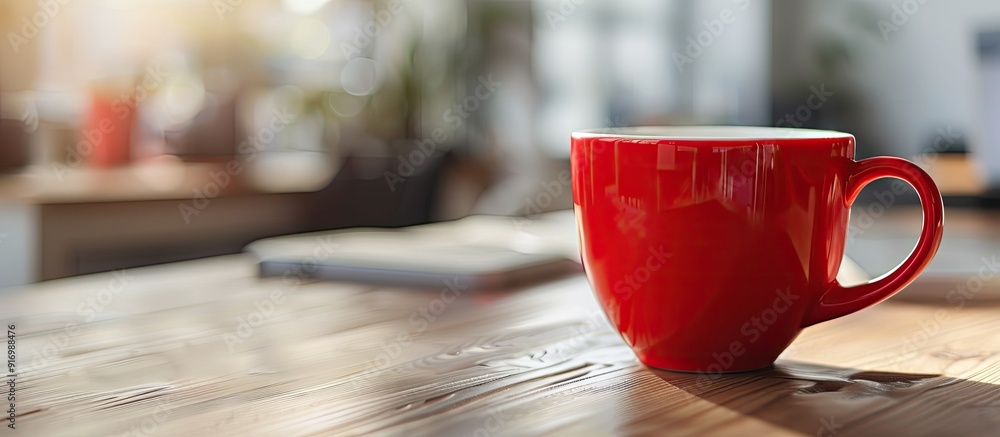 Canvas Prints Red espresso cup on office desk with a blurred background provides a copy space image