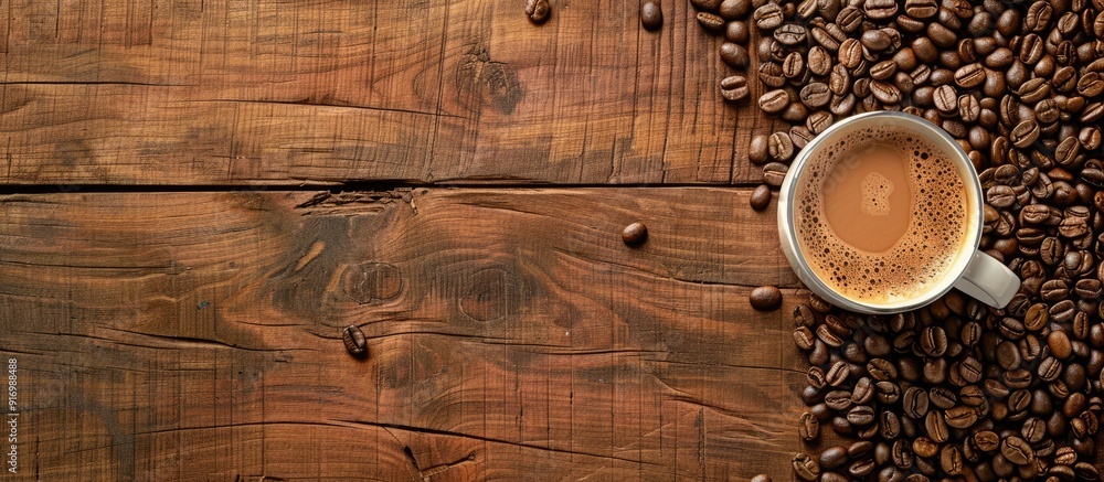 Aufkleber flatlay view of coffee beans and milk coffee in cup on wooden bricks backdrop with copy space image