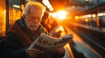 Golden Hour News: An elderly man finds solace in the day's headlines, bathed in the warm glow of a subway platform sunset.  