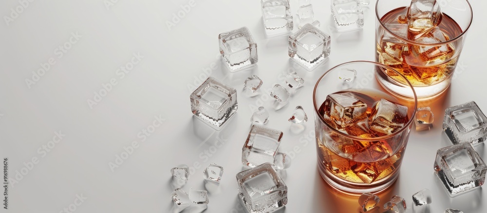 Poster modern glasses containing whiskey served with ice displayed in a copy space image