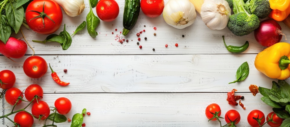 Aufkleber Mockup on white wooden table featuring an assortment of fresh and vibrant vegetables creating an appetizing background with room for text in the image. Creative banner. Copyspace image