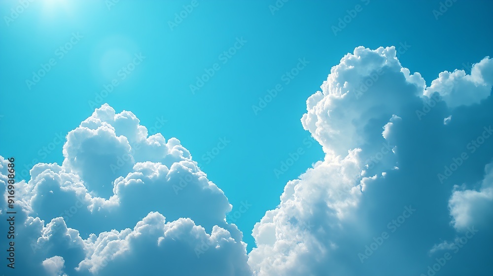Poster Beautiful blue sky with strange shape of clouds in the morning or evening is used as natural background texture in decorative art work : Generative AI