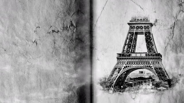 Eiffel Tower in Paris smoothly appears on old, grunge paper with time lapse of sky with clouds. Creative, combined 3D 4K parallax video of high quality. Template for a postcard or historical video.