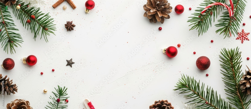 Leinwandbilder top view flatlay of a christmas themed background featuring fir tree branches pine cones and decorat
