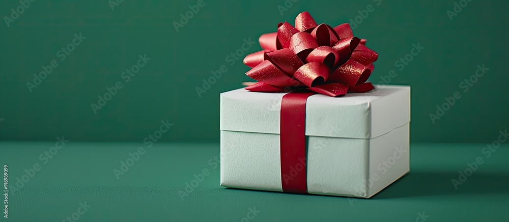 Poster White gift box with a large red bow set against a green backdrop allowing for a copy space image