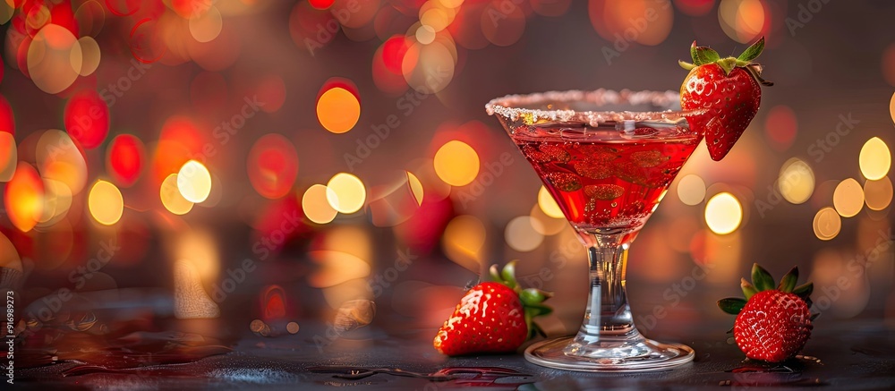 Poster red alcoholic drink with a strawberry garnish on a table soft focus creates copy space image for tex