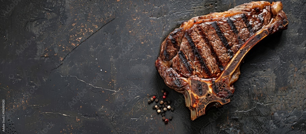 Poster A grilled T bone steak displayed on a stone background with ample copy space for adding your text