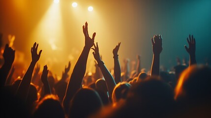 Shot of anonymous people holding hands up and cheering while spending time on amazing music show : Generative AI