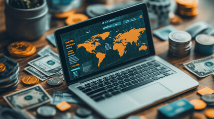 Global Finance at Your Fingertips: A laptop displaying a world map surrounded by global currencies, hinting at international investment and the interconnectedness of modern finance. 
