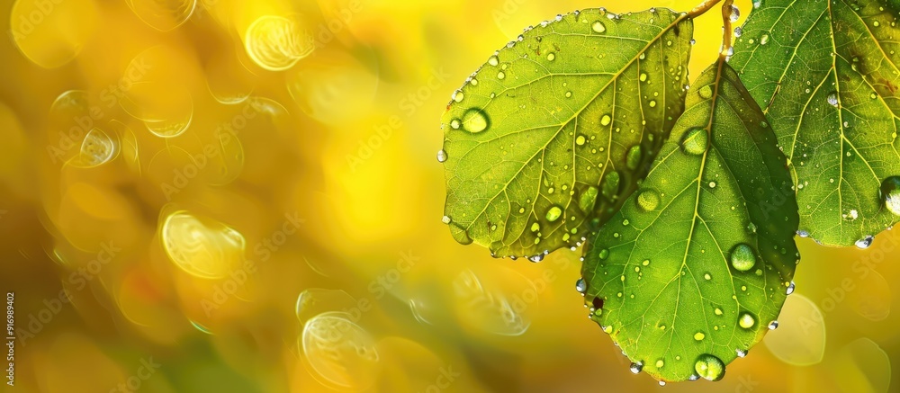 Aufkleber macro shot of green autumn leaves with dew drops on a blurred yellow backdrop emphasizing nature wit
