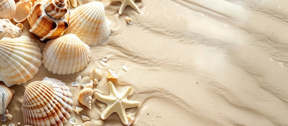 Poster seashells on a background with plentiful copy space image capturing the essence of summer sand and t