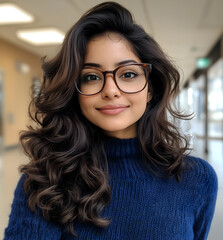 Obraz premium an attractive indian girl wearing blue sweater and glasses, college student with shoulder length hair in the hallway at university