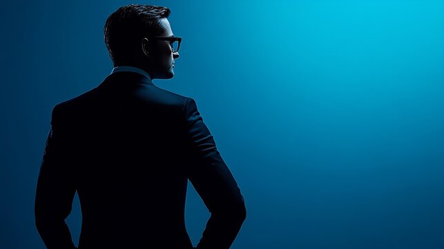 Mans silhouette Businessmans profile picture Man posing in suit on blue background : Generative AI