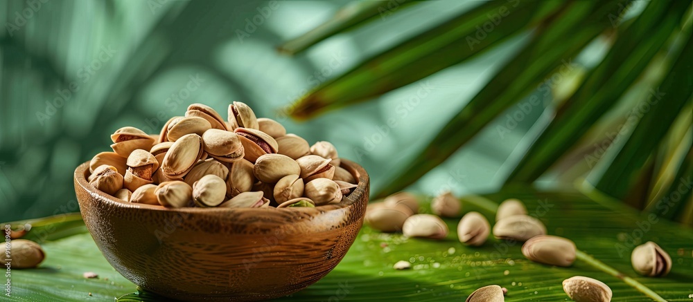 Poster wooden bowl filled with salted pistachios on a table with a green banana leaf backdrop allowing for 