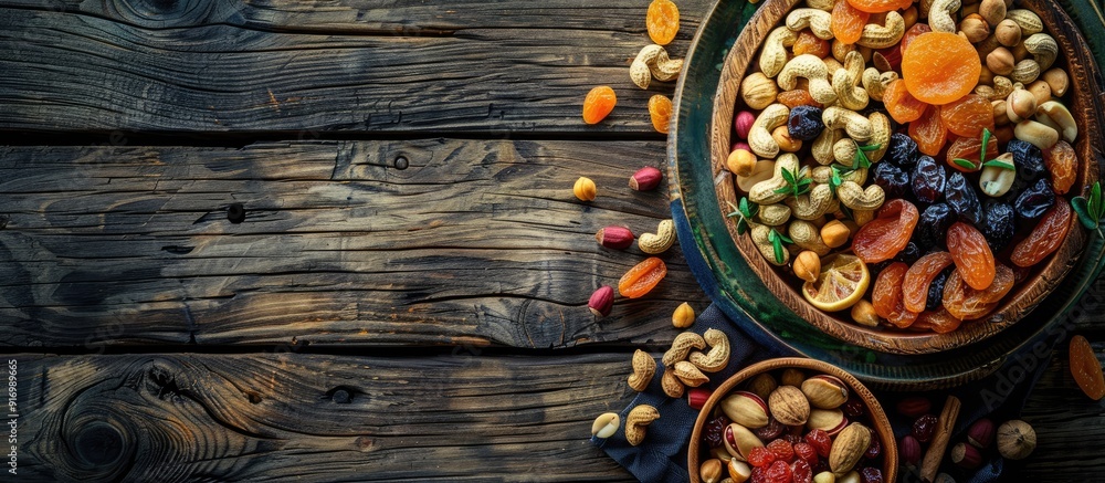 Poster plate of dried fruits and peanuts on a rustic wooden surface with available space for custom images.