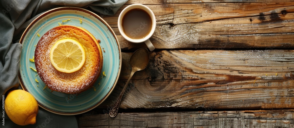 Poster Top view of a lemon cake placed on a rustic wooden surface next to a cup of coffee creating a cozy composition with copy space image