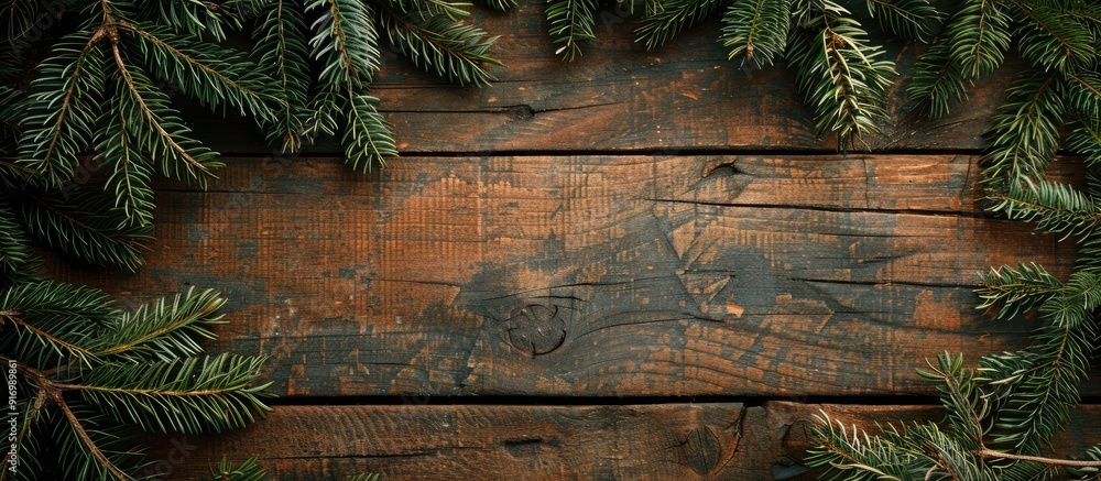 Poster rustic christmas wooden background featuring a fir tree with copy space image for xmas or new year g