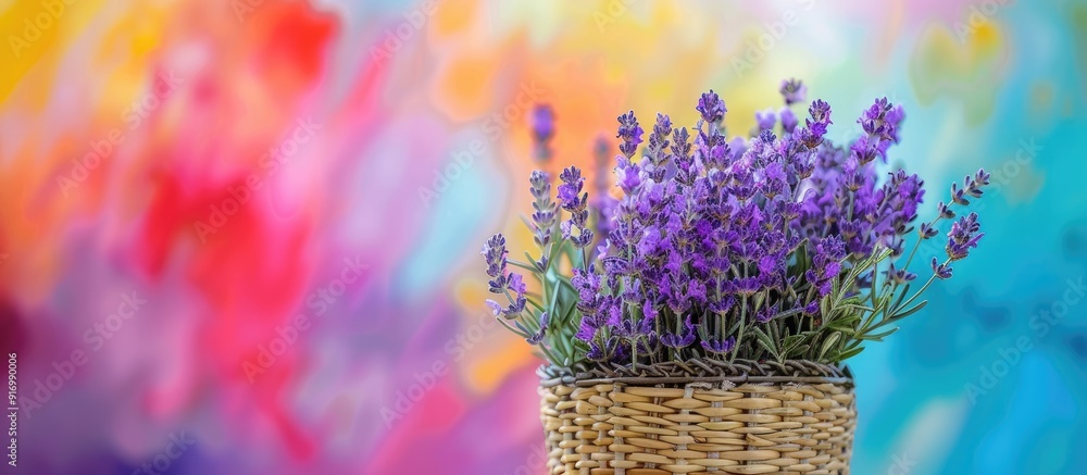 Poster lavender flowers in a wicker bag on a colorful backdrop ideal for copy space image