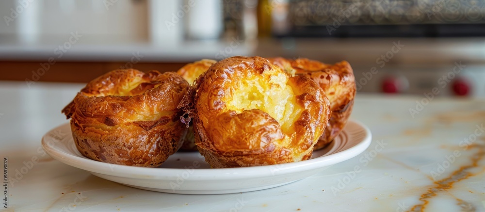 Aufkleber Yorkshire pudding on a plate with a light tile background creating a pleasing copy space image