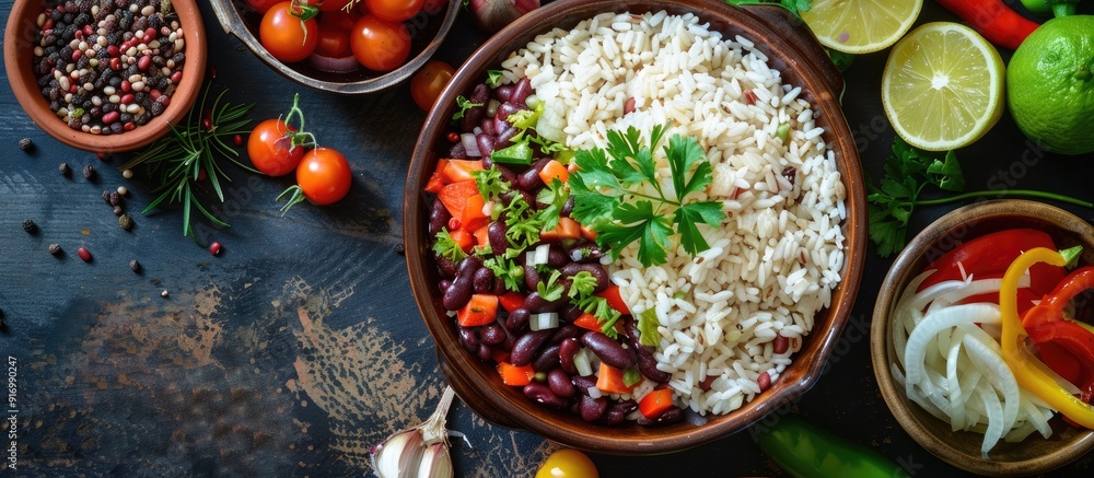 Aufkleber A top view image of a rustic meal containing rice beans and vegetables on a table with copy space suitable for keto paleo vegan or vegetarian diets