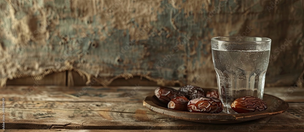 Fototapete In a rustic setting a branch with dried dates fruits a glass of water and a copy space image on a wooden table symbolizes the traditional Iftar meal part of the Muslim Ramadan evening ritual